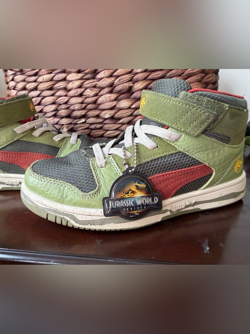 Kids Green and Red High-Top Puma Sneakers with Jurassic World Tag